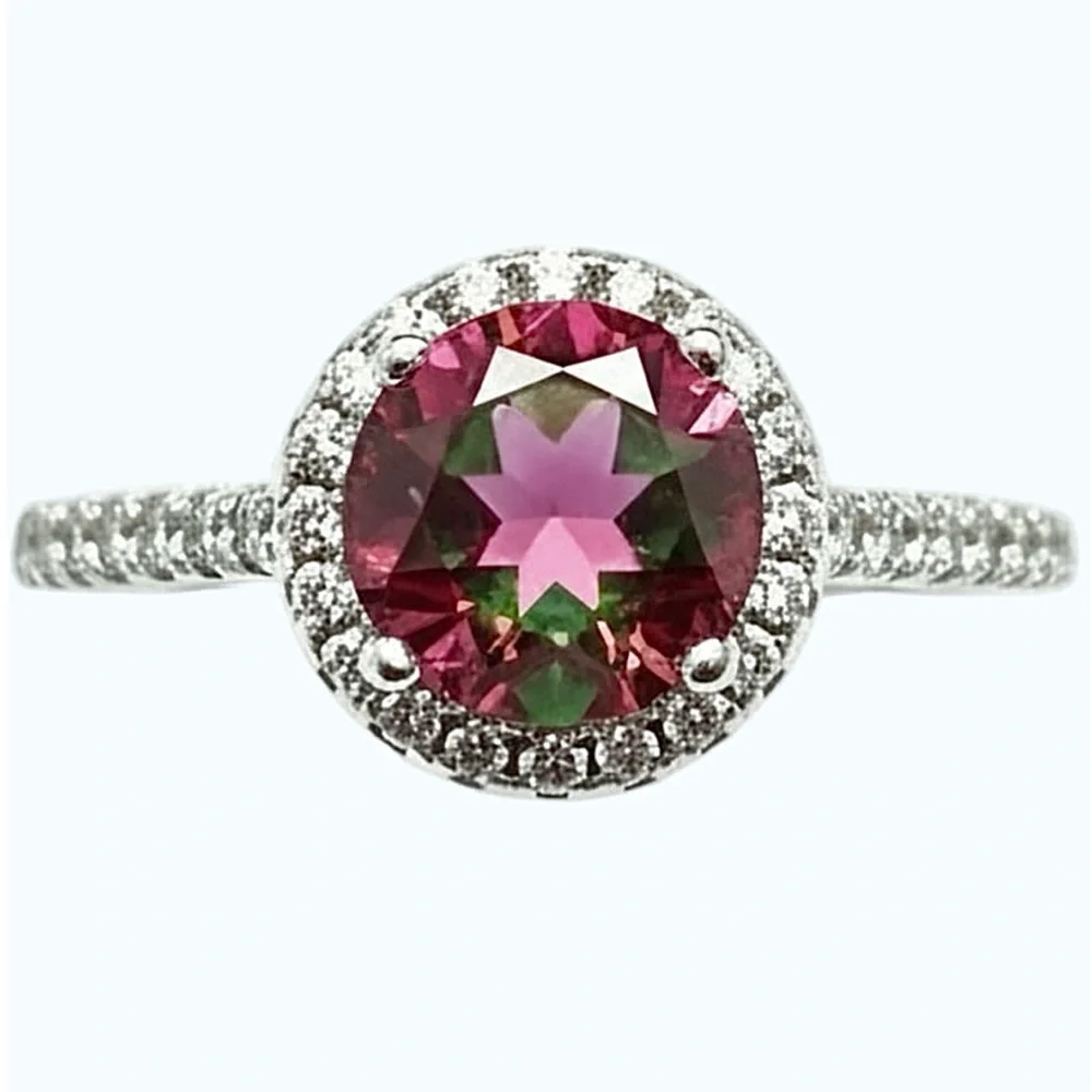 Watermelon Topaz and CZ Halo Ring 18K White Gold Filled Size 10